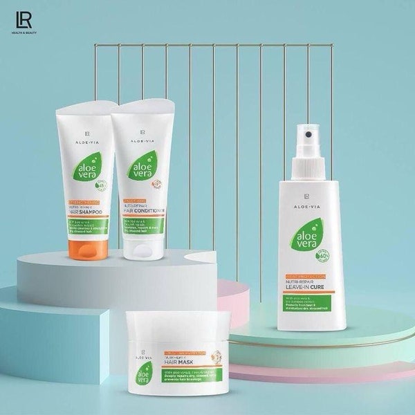 Gamme capillaire pour Cheveux ternes, cassants et secs, cheveux abimés, Aloe Vera Nutri-Repair set , shampoing, après-shampoing et masque