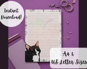 May include: Printable lined paper with a black and white cat illustration and floral border. The paper is available in A4 and US Letter sizes.
