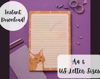 May include: Printable lined paper with a cute orange cat illustration. The paper is decorated with a floral pattern and has the text "A4 & US Letter Sizes".