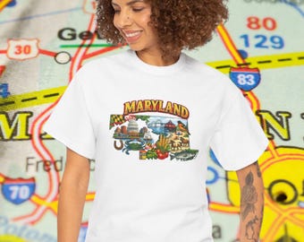 Camiseta de Maryland / Camiseta con collage de cangrejo de Chesapeake, faro y monumentos estatales