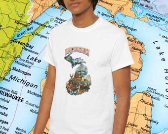 Camiseta panorámica de Michigan / Mapa de lagos, camiseta con paisaje de la Península Superior