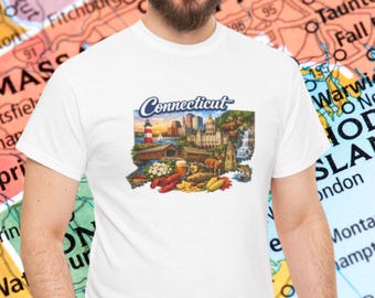 Camiseta con collage de postales de Connecticut / Camiseta vintage con el horizonte del faro