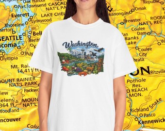 Camiseta panorámica del estado de Washington / Horizonte de Seattle, Monte Rainier, paisaje del noroeste del Pacífico