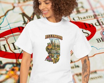 Camiseta universitaria de Illinois / Camiseta vintage de viaje con el horizonte de Chicago y la Ruta 66 en una granja de la pradera
