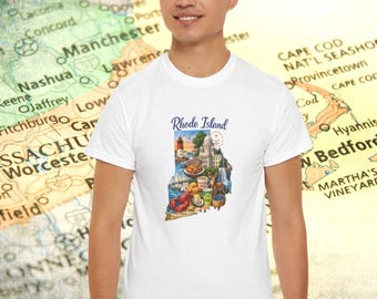 Camiseta panorámica de Rhode Island / Camiseta con mapa costero del estado oceánico / Camiseta de viaje con faro en la playa