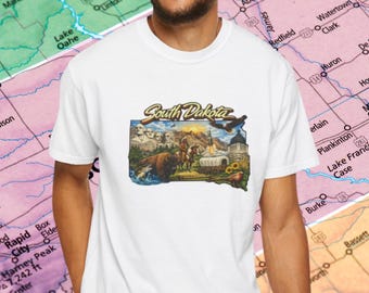 Camiseta con collage de Dakota del Sur / Camiseta de recuerdo del Monte Rushmore, Buffalo y Black Hills