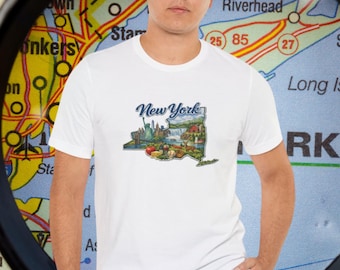 Camiseta con collage del estado de Nueva York / Camiseta gráfica de Nueva York, Adirondacks y Estatua de la Libertad