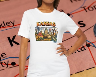 Camiseta panorámica de Kansas / Camiseta con mapa del estado de los girasoles / Camiseta vintage con estampado de campos de trigo en las praderas