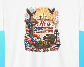 Camiseta cristiana patriótica "Él ha resucitado" / Camiseta cruzada "Fe, libertad, EE. UU."