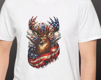 Camiseta patriótica con cabeza de ciervo / Camiseta con estampado de astas de ciervo y bandera estadounidense