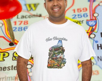 Camiseta con paisaje de cabaña de New Hampshire / Camiseta con paisaje natural, montañas y lagos, diseño acogedor del estado.