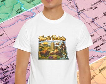 Camiseta del estado de Dakota del Norte / Camiseta con paisaje de pradera, bisontes y girasoles
