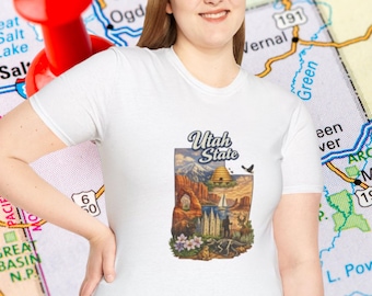 Camiseta con collage panorámico del estado de Utah / Arcos, montañas, camiseta de recuerdo de vida silvestre