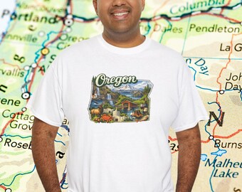 Camiseta panorámica de Oregón / Mapa del estado, bosques y montañas, camiseta de aventura del noroeste del Pacífico