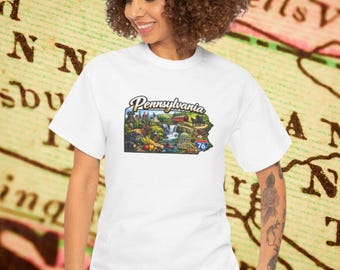 Camiseta con paisaje panorámico de Pensilvania / Camiseta gráfica con montañas, bosque y pueblo pequeño