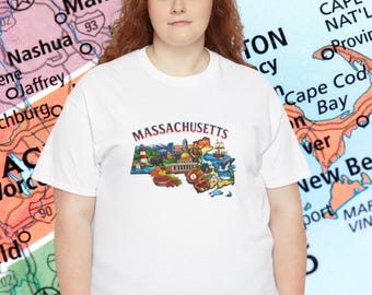 Camiseta panorámica de Massachusetts / Cape Cod, horizonte de Boston, camiseta con estampado de follaje otoñal