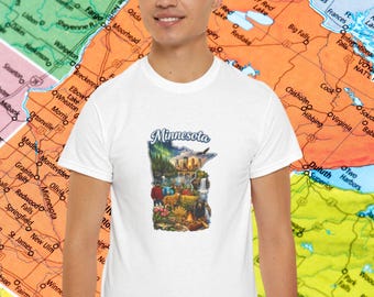 Camiseta con collage panorámico de Minnesota / Camiseta con mapa del estado, lagos y fauna silvestre