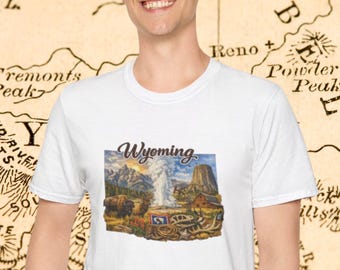 Camiseta de Wyoming / Yellowstone Old Faithful, bisontes, montañas, paisaje del oeste