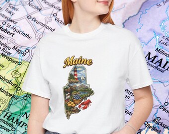 Camiseta con el mapa del estado de Maine / Camiseta costera con faro, langosta y pino