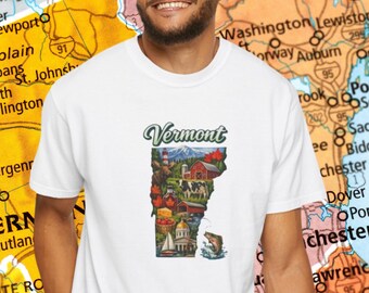 Camiseta con mapa del estado de Vermont / Montañas Verdes, puente cubierto, granja lechera