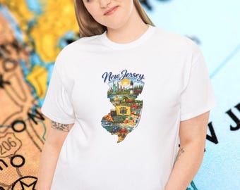 Camiseta con el mapa del estado de Nueva Jersey / Lugares emblemáticos de la costa de Jersey, Atlantic City, Cape May