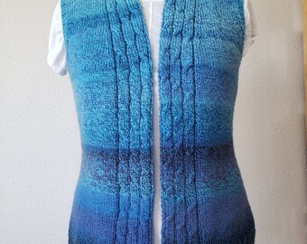 Hand knit vest with cable design. Hand made sweater vest. Sky blue to bright blue, indigo and every shade in between. One-of-a-kind gift.