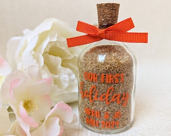 Our First Holiday Sand Jar- Personalised Travel Gift  for Child or Couple's 1st Vacation Together, Beach Trip Memory Bottle for Family/ Kids