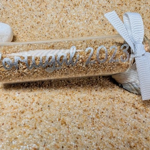 Personalised Holiday Sand Bottle with Destination for Travel Collection, Holiday Essential Vacation Gift for Couples, Family & Honeymoon image 2