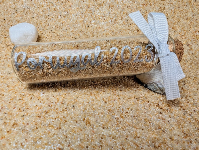 Personalised Holiday Sand Bottle with Destination for Travel Collection, Holiday Essential Vacation Gift for Couples, Family & Honeymoon image 2