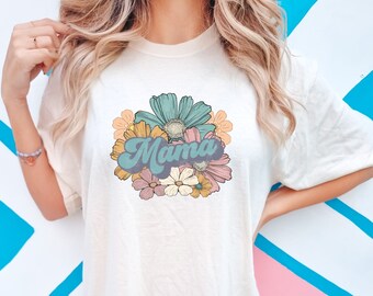 Retro Mama Floral Comfort Colors T-Shirt, Boho Retro Flowers Shirt, Floral T-Shirt Gift for Mom from Husband Kids, Mothers Day Floral Shirt