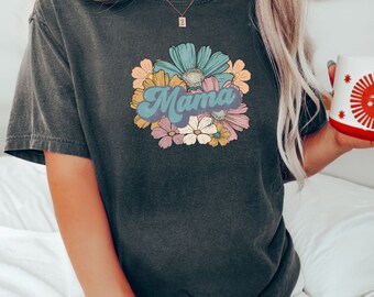 Retro Mama Floral Comfort Colors T-Shirt, Boho Retro Flowers Shirt, Floral T-Shirt Gift for Mom from Husband Kids, Mothers Day Floral Shirt