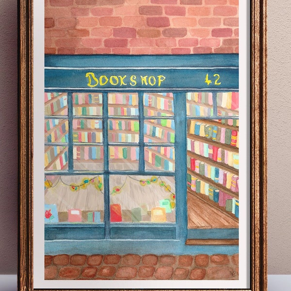 Illustration librairie avec décorations de noel impression d'une aquarelle faite main