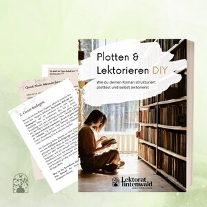 Może przedstawiać: Okładka książki z białym tłem i dużym, pogrubionym tytułem: "Plotten & Lektorieren DIY". Podtytuł brzmi: "Wie du deinen Roman strukturiert plottest und selbst lektorierst". Okładka przedstawia kobietę siedzącą w bibliotece, czytającą książkę. Książka nosi tytuł "Lektorat Tintenwald" z nazwiskiem autorki, "JANA HINRICHSEN", pod tytułem.