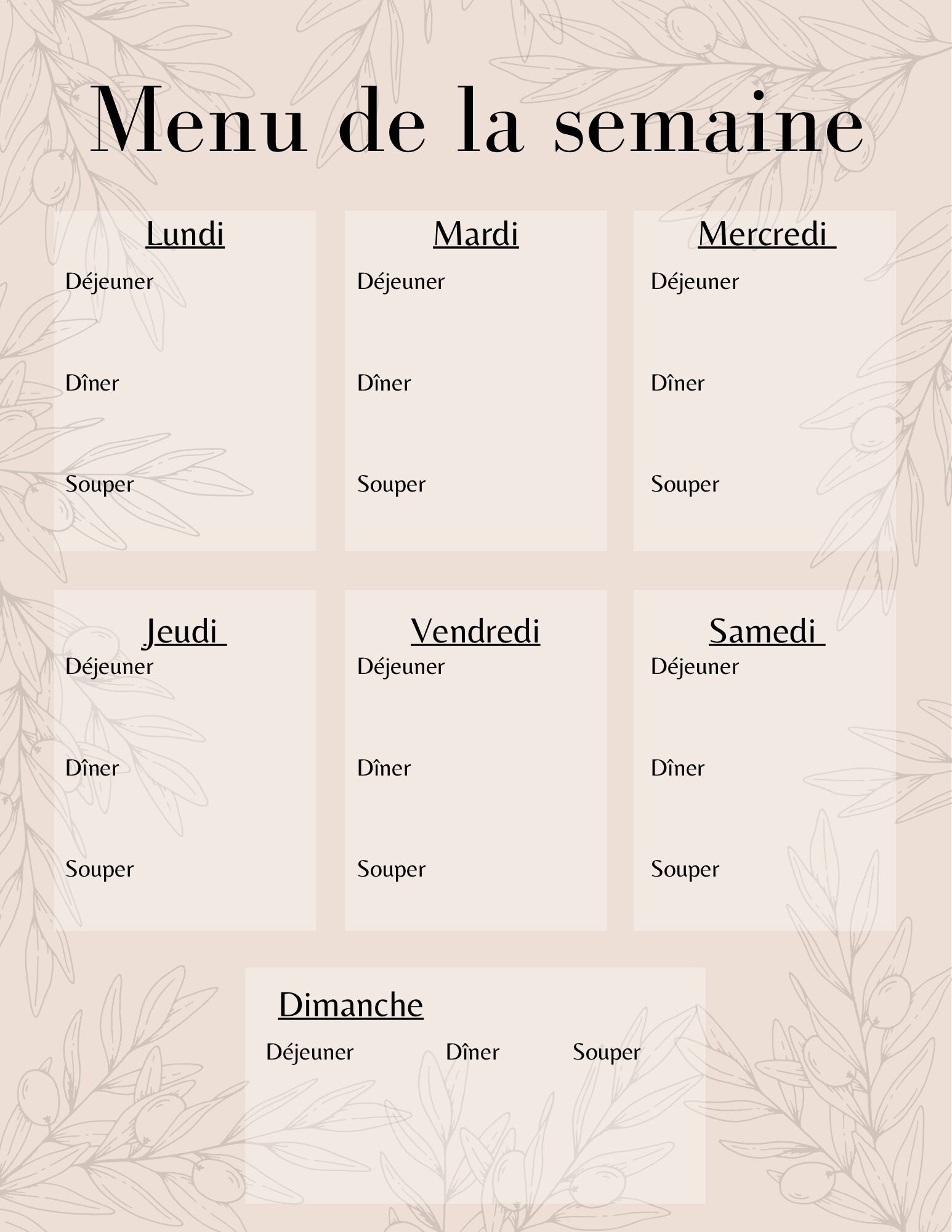 Planning vierge menu de la semaine