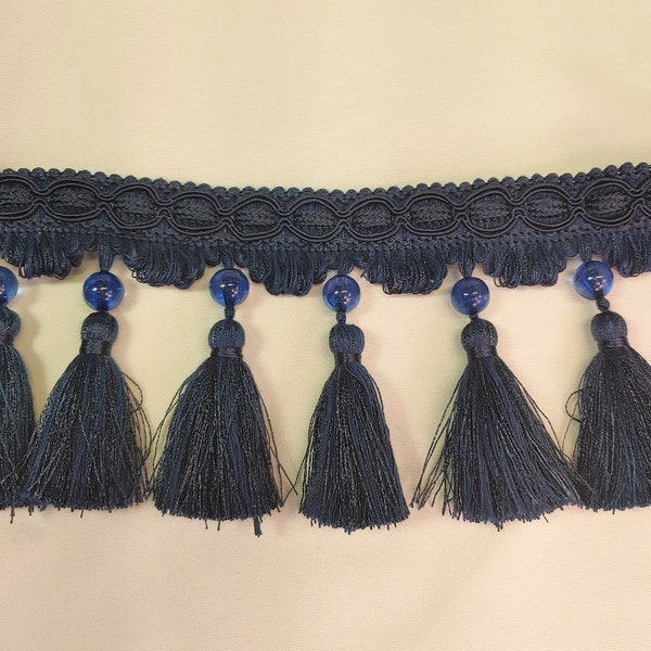 4" Navy/Dark Blue Beaded Tassel Fringe Decorator Trim w/3" tassels