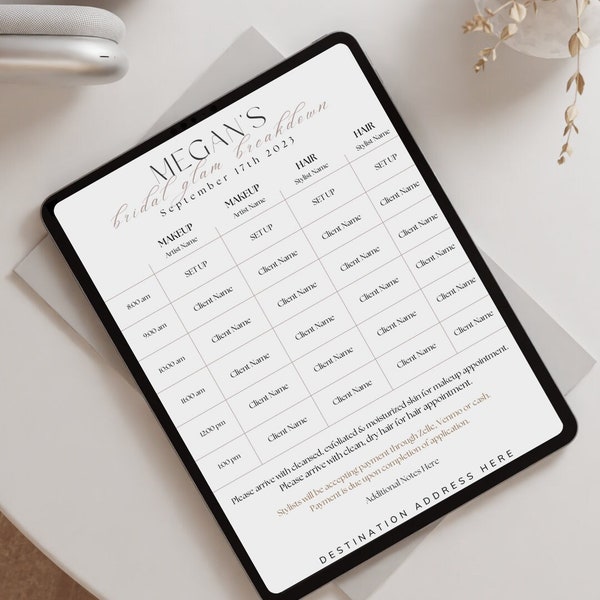 Bridal Timeline Editable Template, Bridal Planner, Bridal Schedule, Bridal Makeup Artist, Bridal Hairstylist, Glam Team, Bridal Party