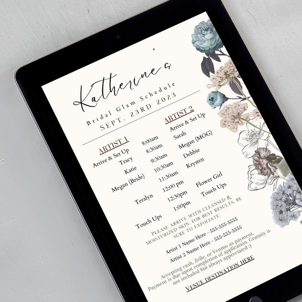 Bridal Wedding Day Timeline Template, Bridal Makeup Artist Schedule Timeline Template, Bridal Hairstylist, Digital Wedding Day Templates