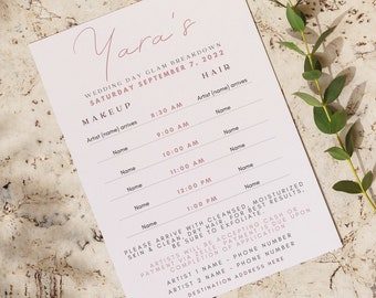 Bearbeitbare Braut Haar & Make-up-Timeline: Hochzeitstag Reiseplan (Digitale Vorlage)
