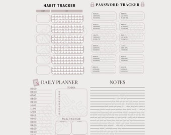 May include: A printable planner page with sections for habit tracking, password tracking, daily planning, meal tracking, and notes. The page features a light gray background with a light pink color scheme.