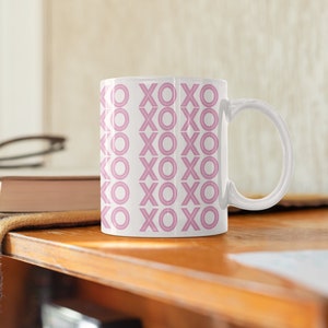 XOXO Design Ceramic Mug, Gift for Mom, Mugs with Saying, Wrap Around Design, Flower Cup, Love Pretty Gift For Her Him, Pink, Love and Kisses