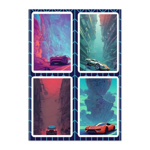 Hoja de pegatinas de autos deportivos en ciudades futuristas / Arte surrealista y abstracto / Incluye 4 pegatinas separadas