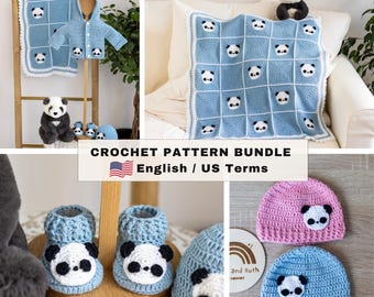 Panda Crochet Pattern Bundle | PDF Patterns + Video Tutorials | Baby Blanket, Hat, Booties, Cardigan