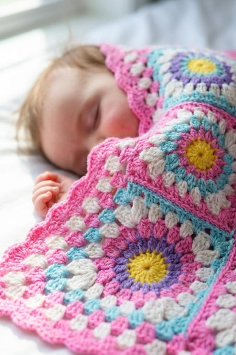 Crochet Baby Blanket Pattern | PDF + Video Tutorial | Easy Sunburst Granny Square | Baby Shower Gift image 5