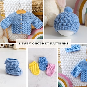 Crochet Baby Set Pattern Bundle | PDF + Video Tutorials | Bobble Stitch Cardigan, Beanie, Blanket, Mittens, Booties
