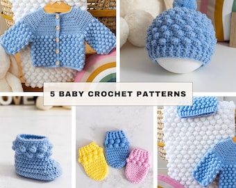 Crochet Baby Set Pattern Bundle | PDF + Video Tutorials | Bobble Stitch Cardigan, Beanie, Blanket, Mittens, Booties