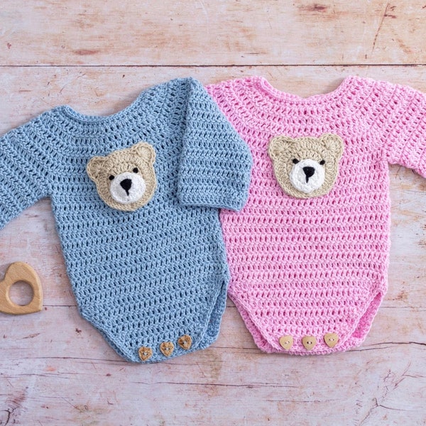 Crochet Baby Romper Pattern with Teddy Bear Applique, Crochet Onesie Pattern by Maisie and Ruth | *Instant Download* | **PATTERN ONLY**