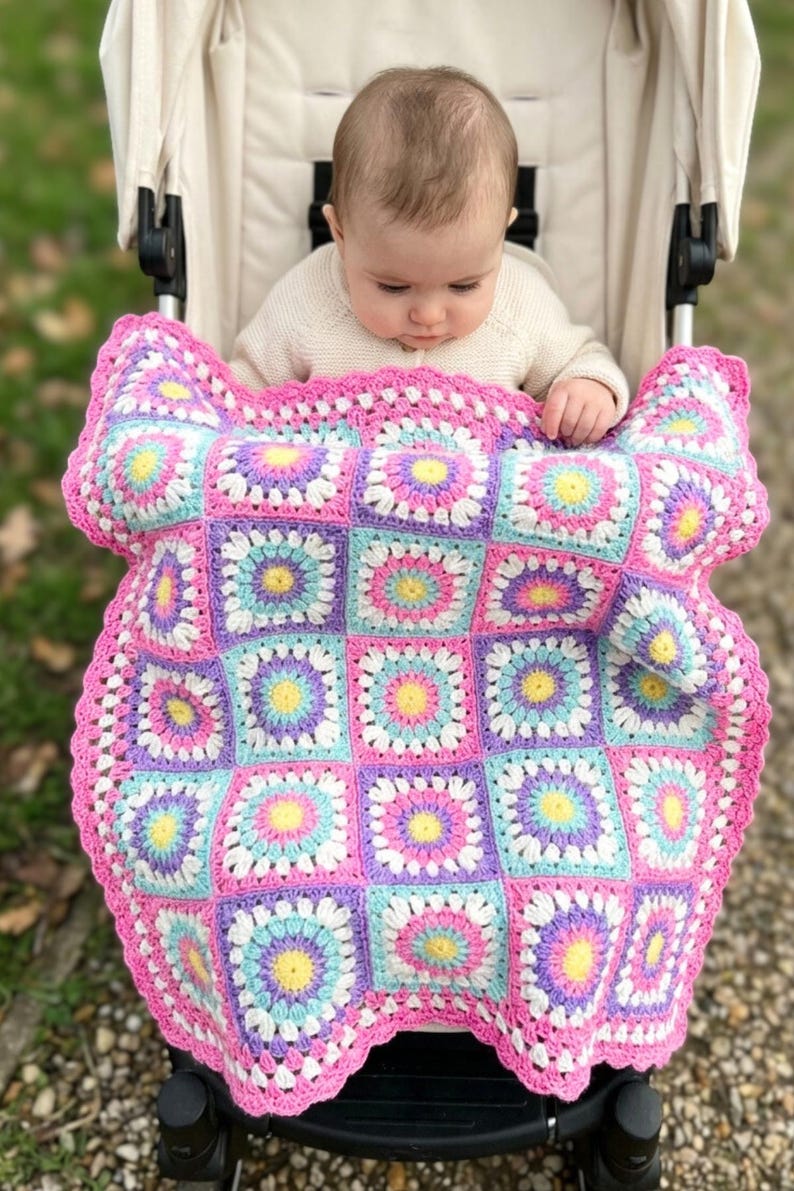 Crochet Baby Blanket Pattern | PDF + Video Tutorial | Easy Sunburst Granny Square | Baby Shower Gift image 8