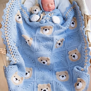 Customizable baby blanket crochet pattern with teddy bear