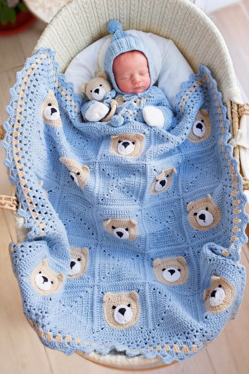 Customizable baby blanket crochet pattern with teddy bear