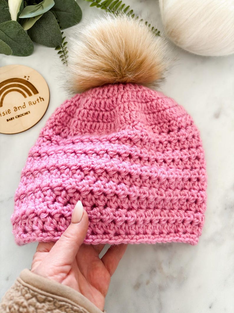 Crochet beanie pattern PDF shown in adult size